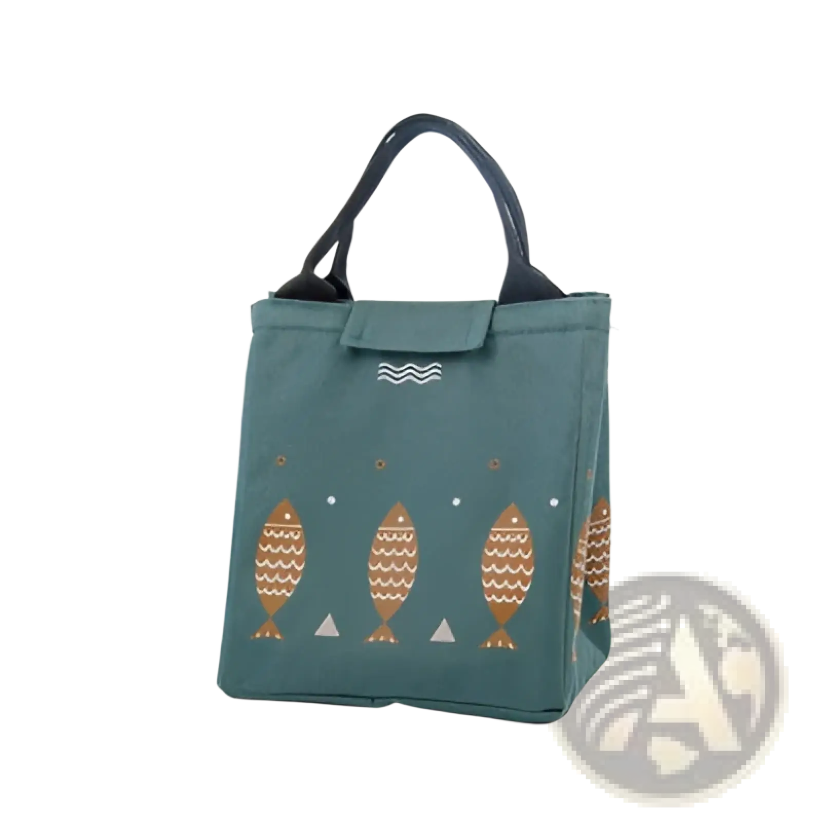 Mini cartoon oxford insulated picnic handbag in teal canvas with black handles and brown fish pattern