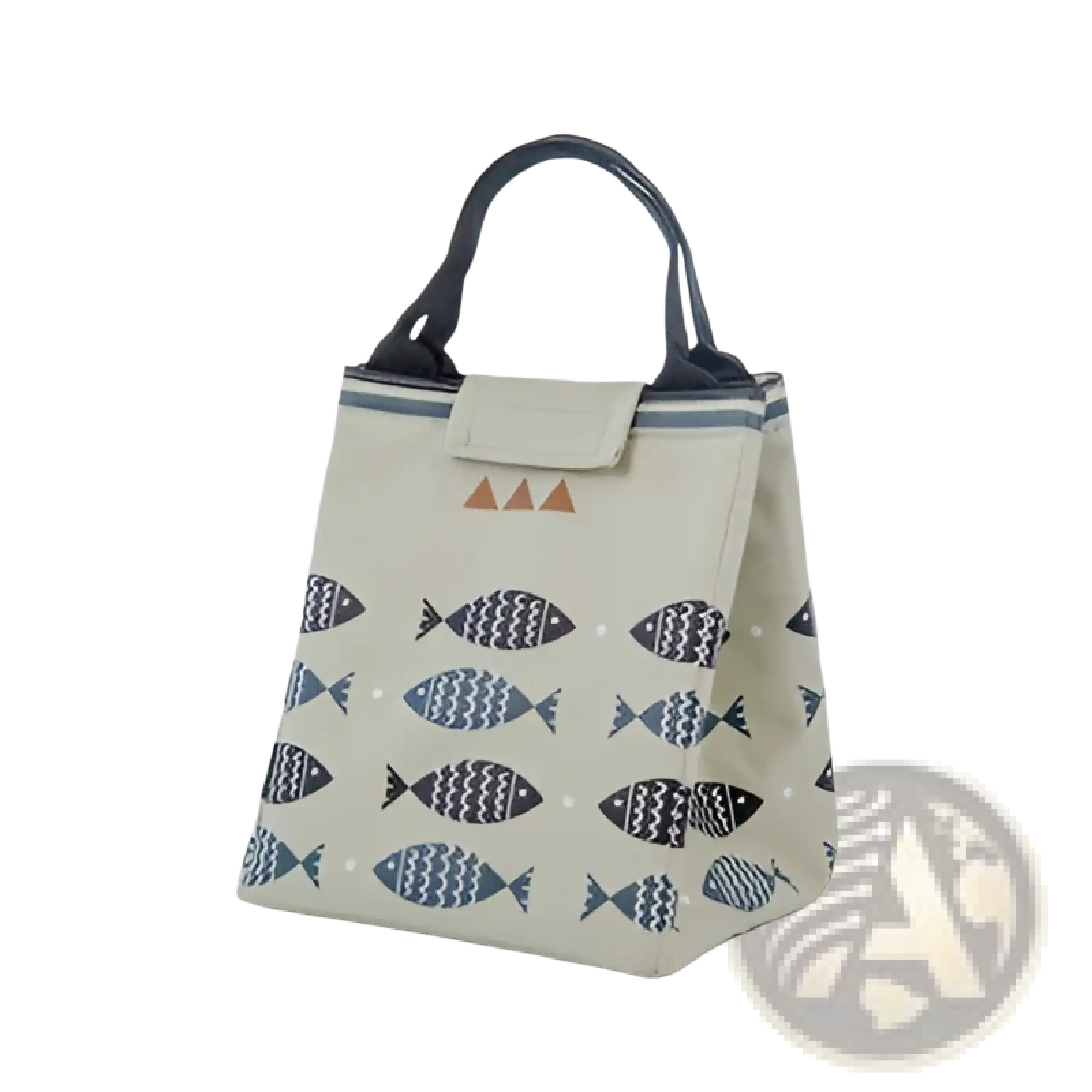 Beige canvas mini cartoon oxford insulated picnic handbag with navy blue gray fish pattern and black handles