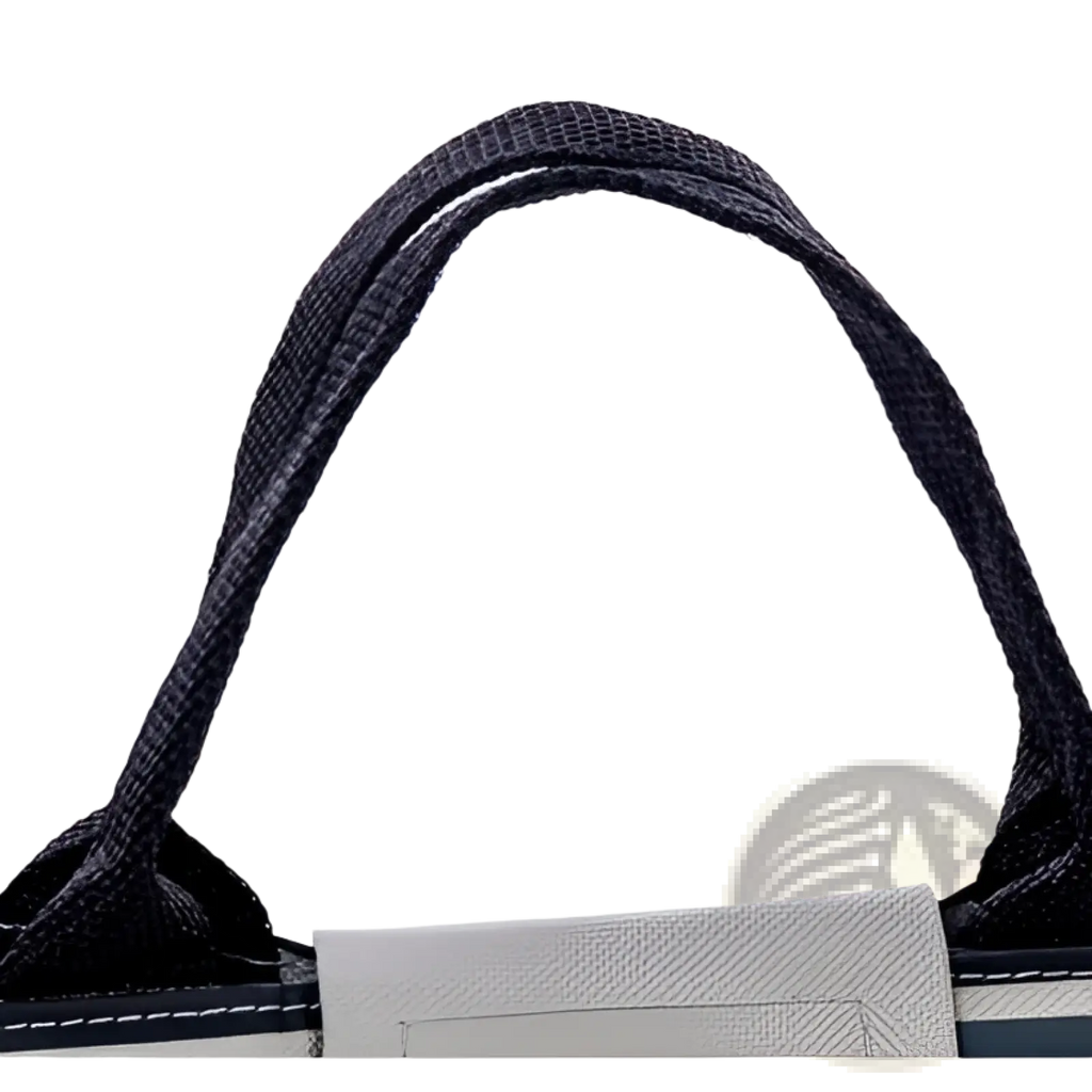 Black woven fabric handle with white stitching detail on mini cartoon oxford insulated picnic handbag