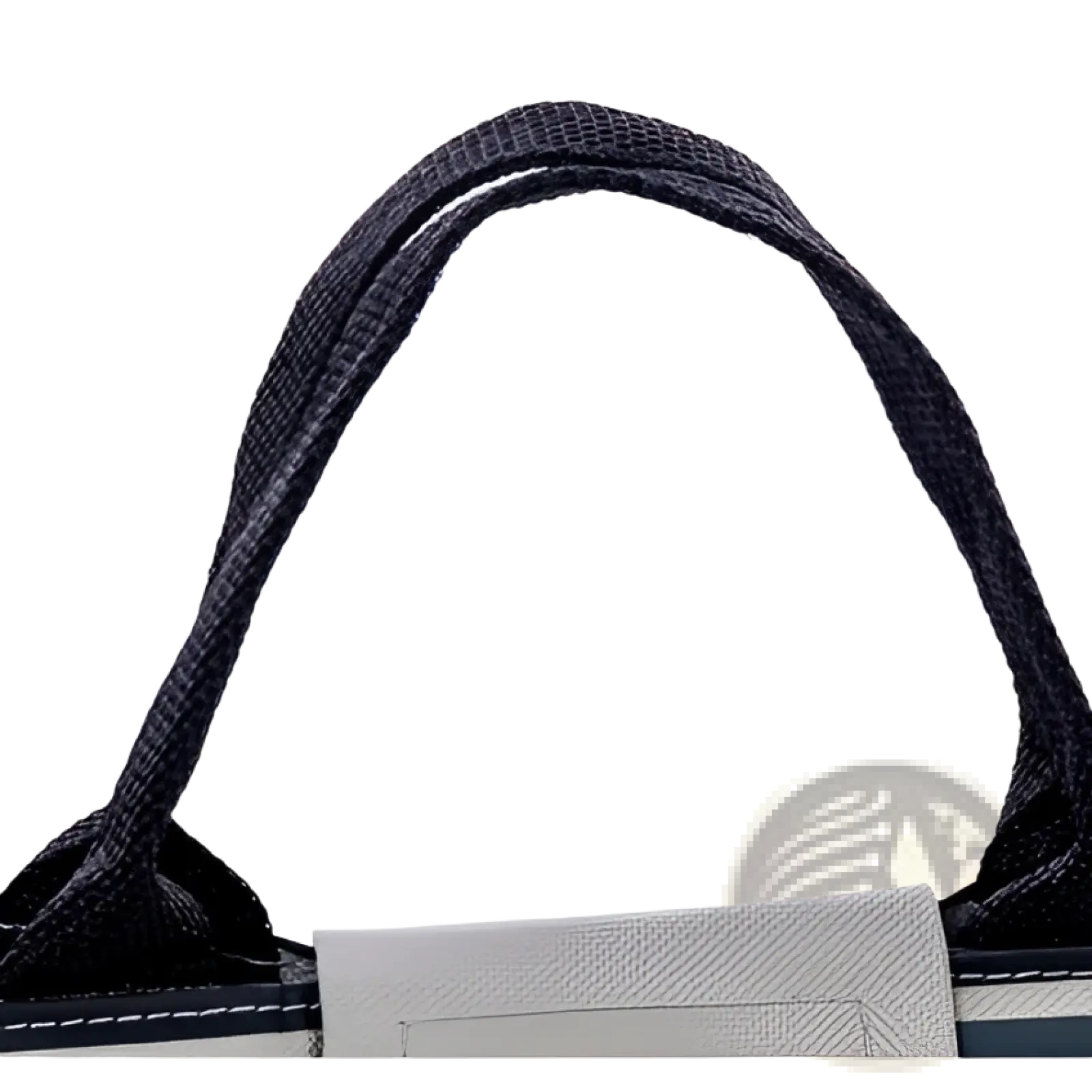 Black woven fabric handle with white stitching detail on mini cartoon oxford insulated picnic handbag