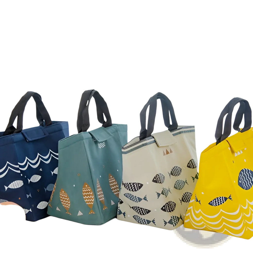 Four colorful mini cartoon oxford insulated picnic handbags with fish patterns in navy blue teal beige and yellow designs