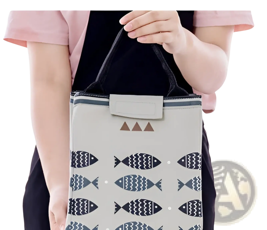 A light gray mini cartoon oxford insulated picnic handbag with black and navy fish pattern and dark green trim