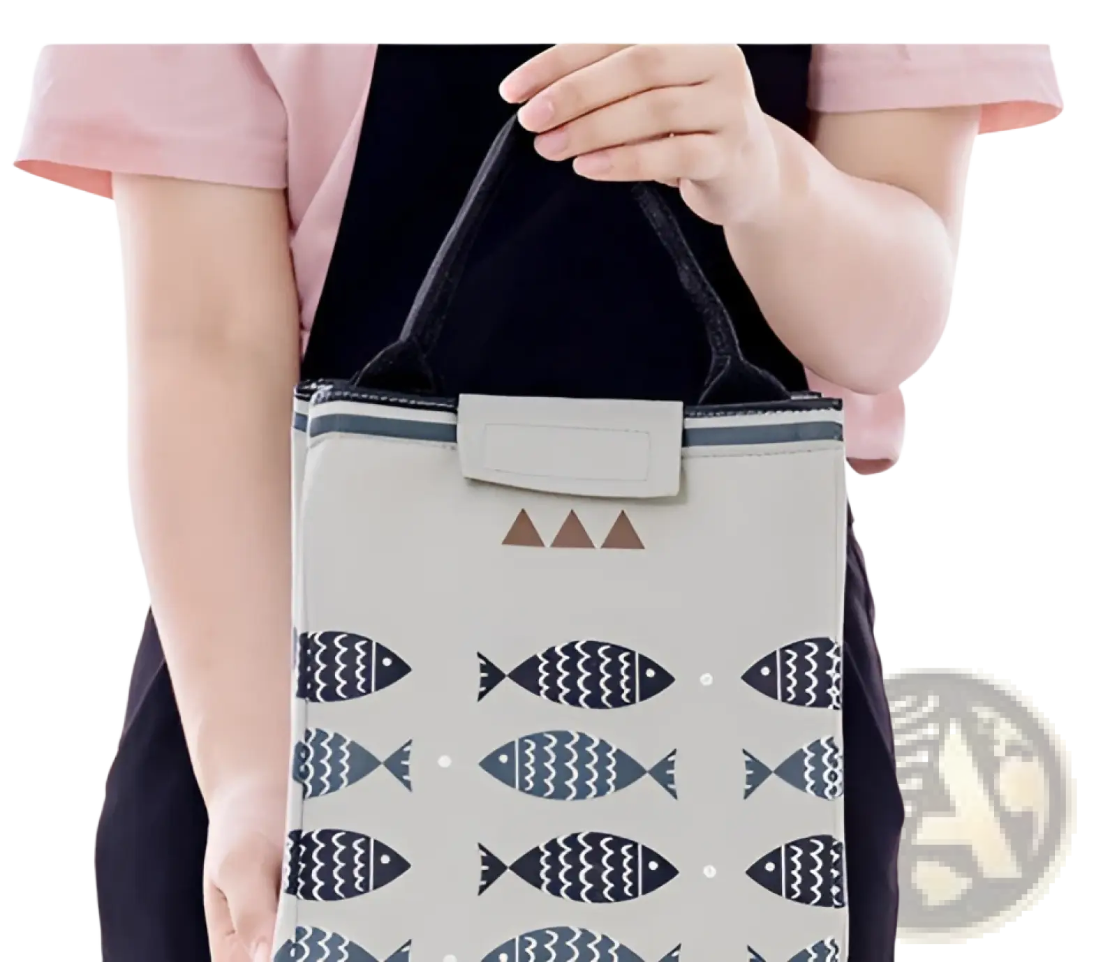 A light gray mini cartoon oxford insulated picnic handbag with black and navy fish pattern and dark green trim