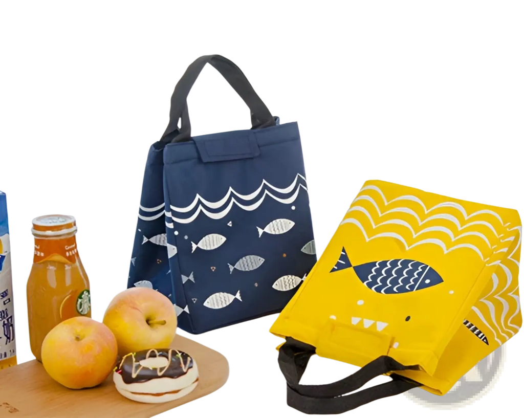 Navy blue mini cartoon oxford insulated picnic handbag with white fish wave patterns and black fabric handles