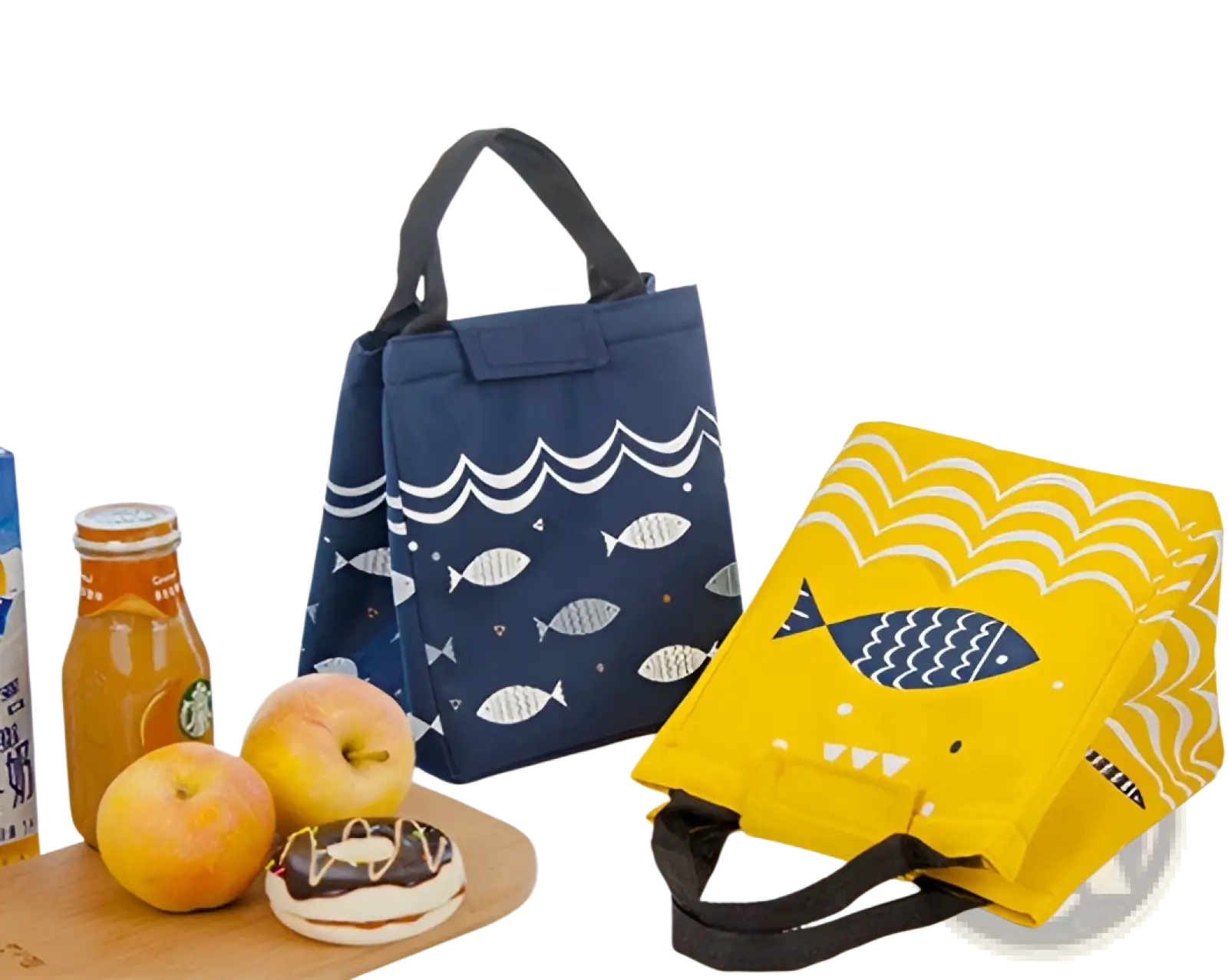 Navy blue mini cartoon oxford insulated picnic handbag with white fish wave patterns and black fabric handles