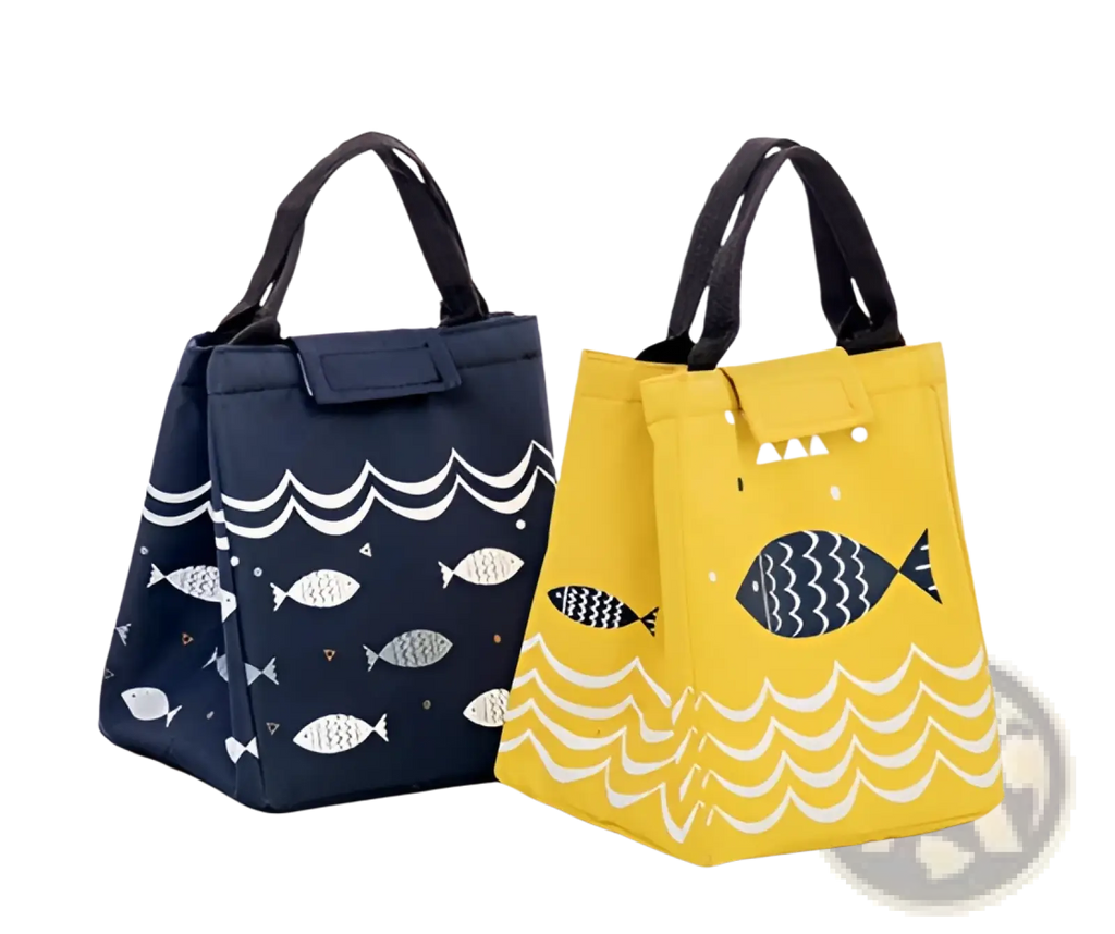 Mini cartoon oxford insulated picnic handbag in navy blue and yellow with fish pattern wave design and black handles