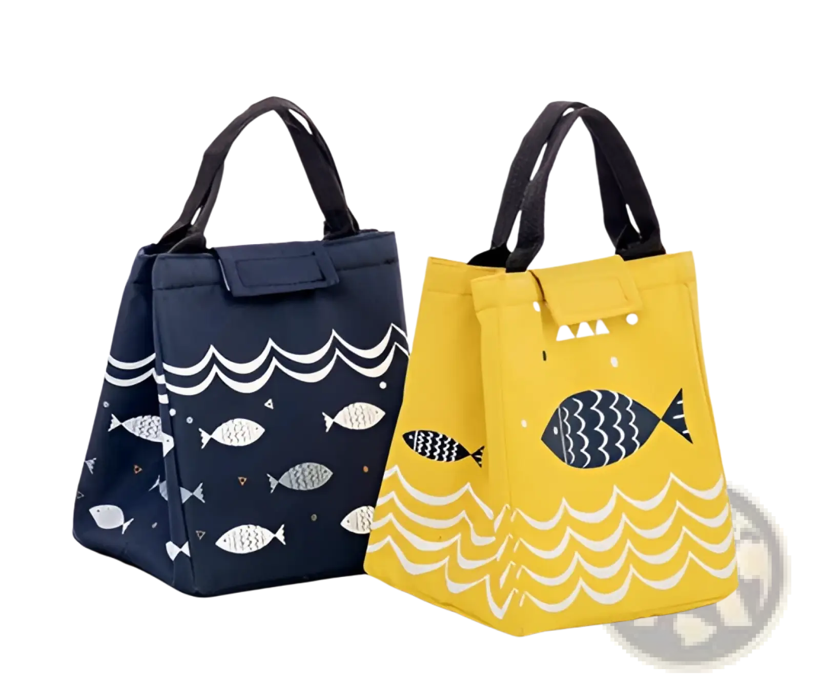 Mini cartoon oxford insulated picnic handbag in navy blue and yellow with fish pattern wave design and black handles