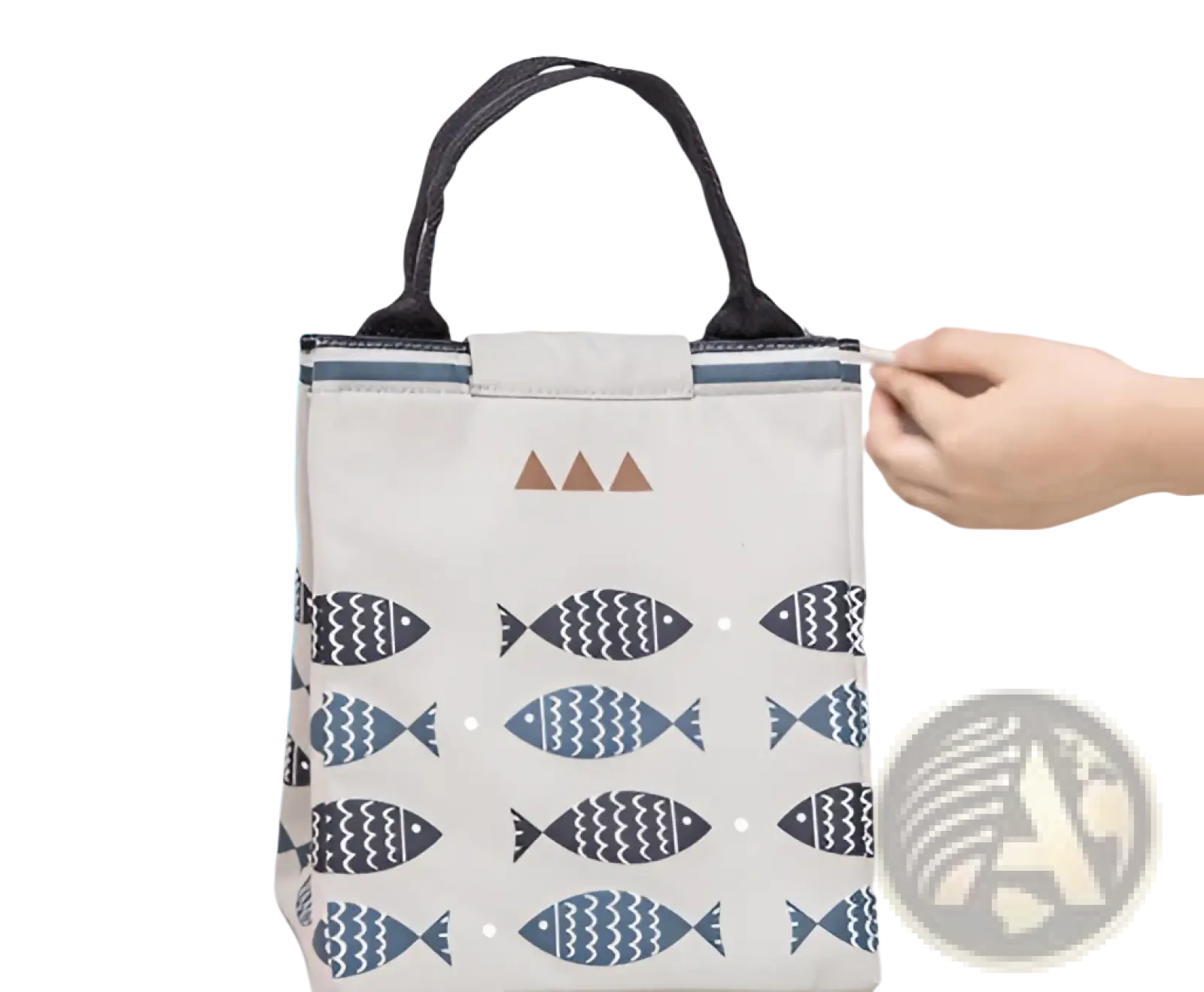 Mini cartoon oxford insulated picnic handbag in white with black and blue fish pattern and geometric triangle design