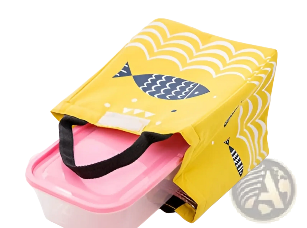 Mini cartoon oxford insulated picnic handbag yellow canvas with navy blue fish design black handles and pink container inside