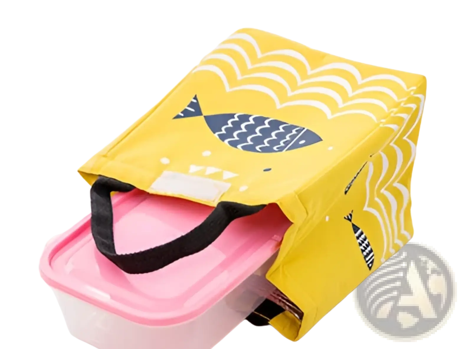 Mini cartoon oxford insulated picnic handbag yellow canvas with navy blue fish design black handles and pink container inside