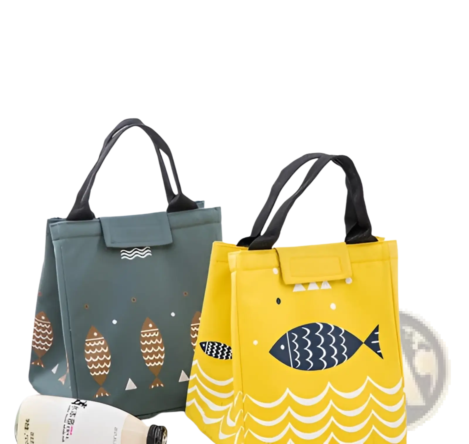 Yellow mini cartoon oxford insulated picnic handbag with black fish wave patterns flap closure and sturdy handles