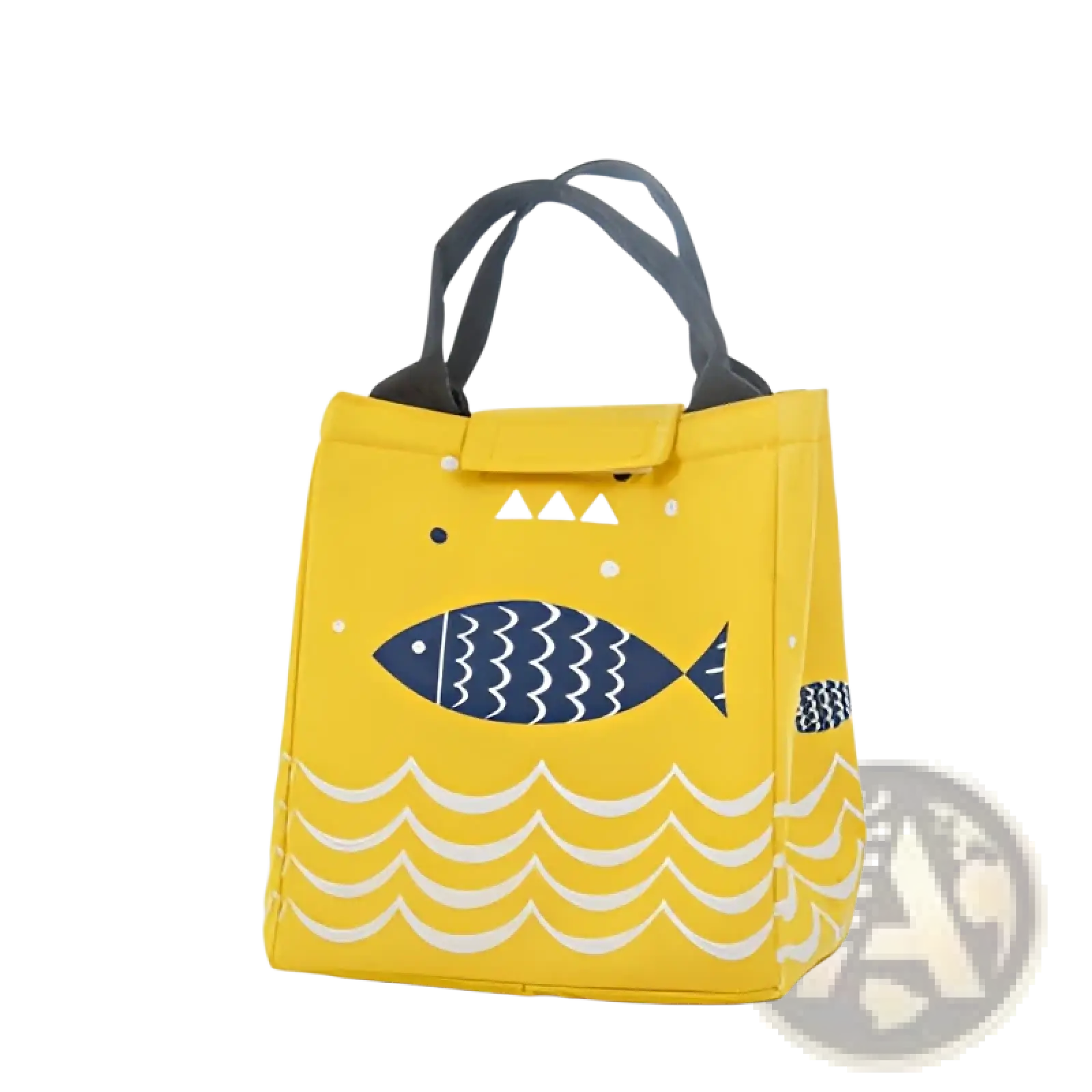 Mini cartoon oxford insulated picnic handbag in yellow with navy fish and white wave pattern featuring black handles