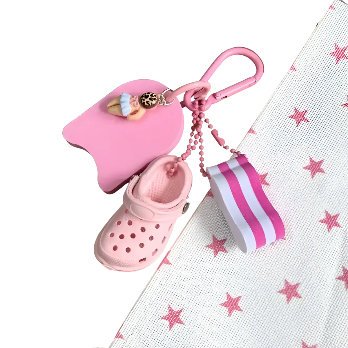 Pink miniature croc shoe keychain with matching pink clip and beaded chain mini clog keychain beach bag charm