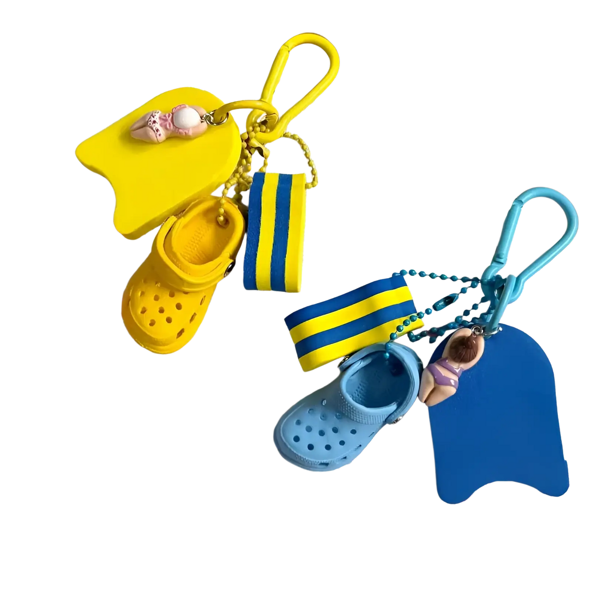 Mini clog keychain beach bag charm featuring yellow and blue croc-style miniature shoes with swim fins and figurine