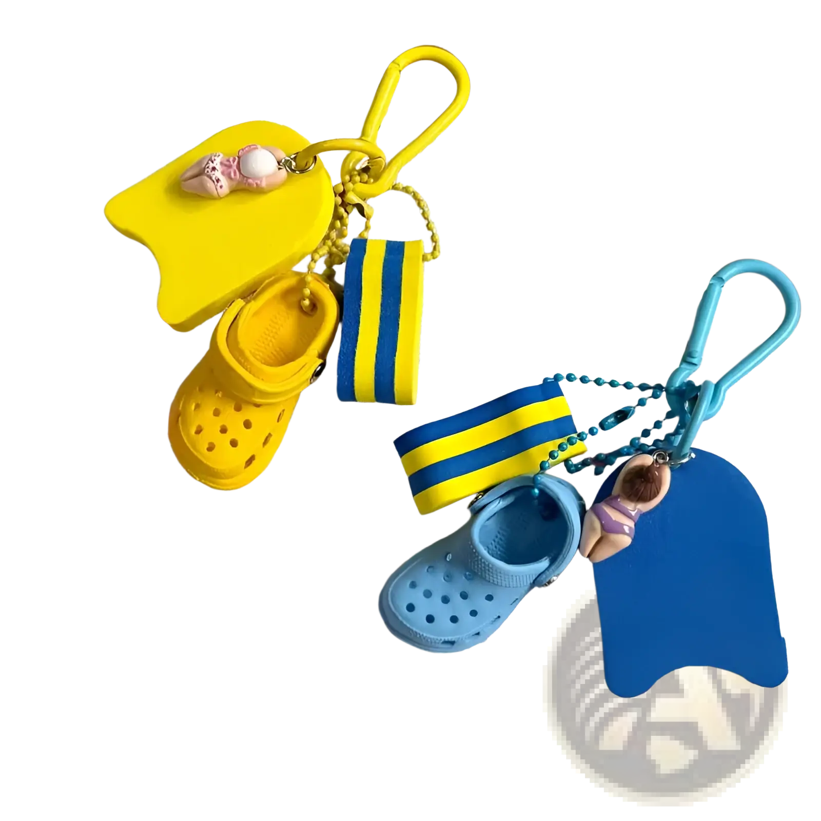 Mini clog keychain beach bag charm featuring yellow and blue croc-style miniature shoes with swim fins and figurine