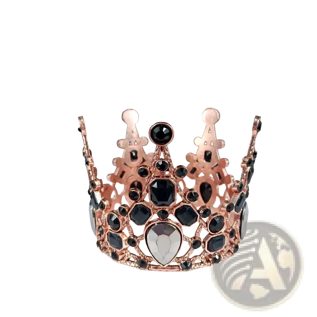 Mini crown cake topper and hair tiara in rose gold adorned with black and clear faceted gemstones