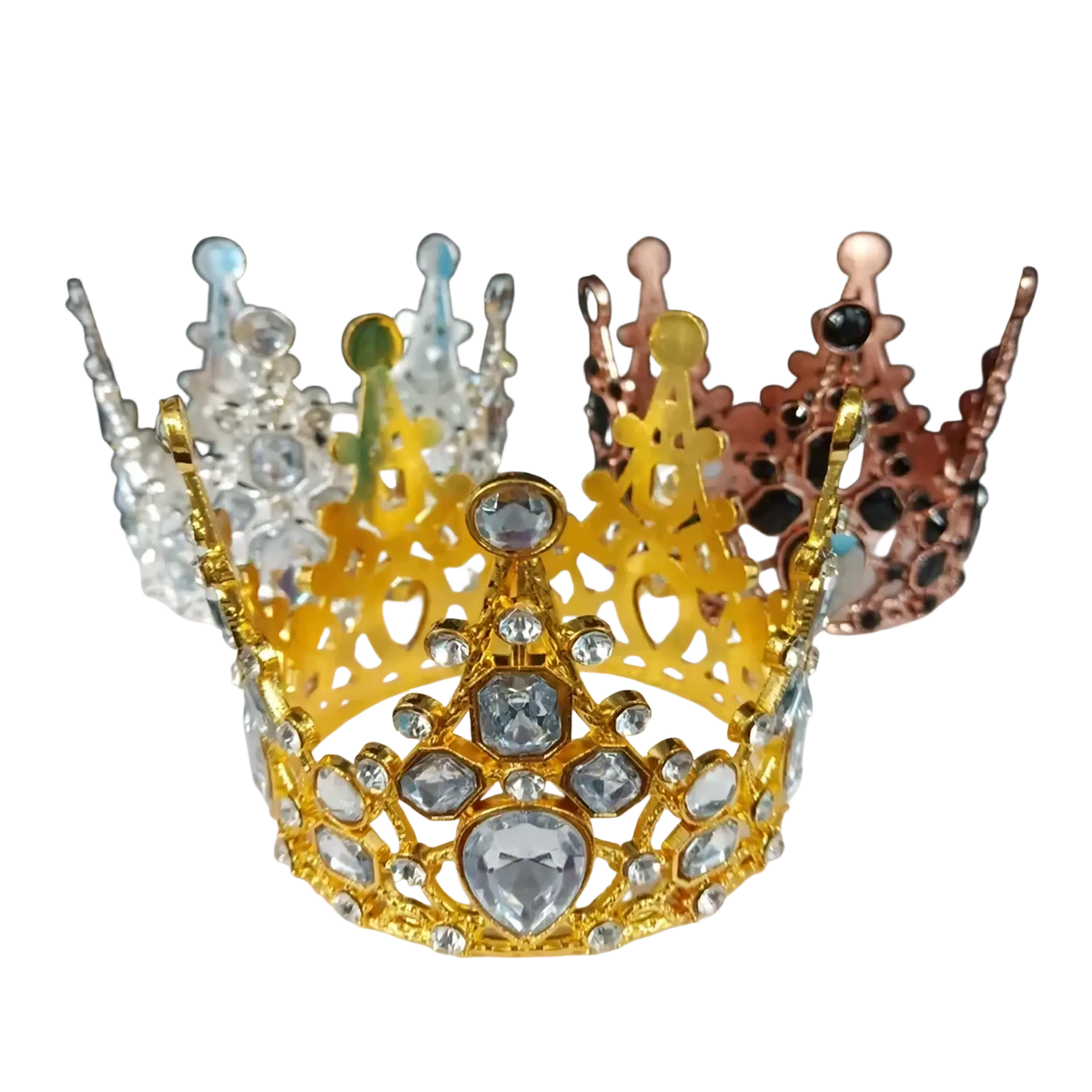 Golden mini crown cake topper and hair tiara adorned with clear and heart-shaped crystals