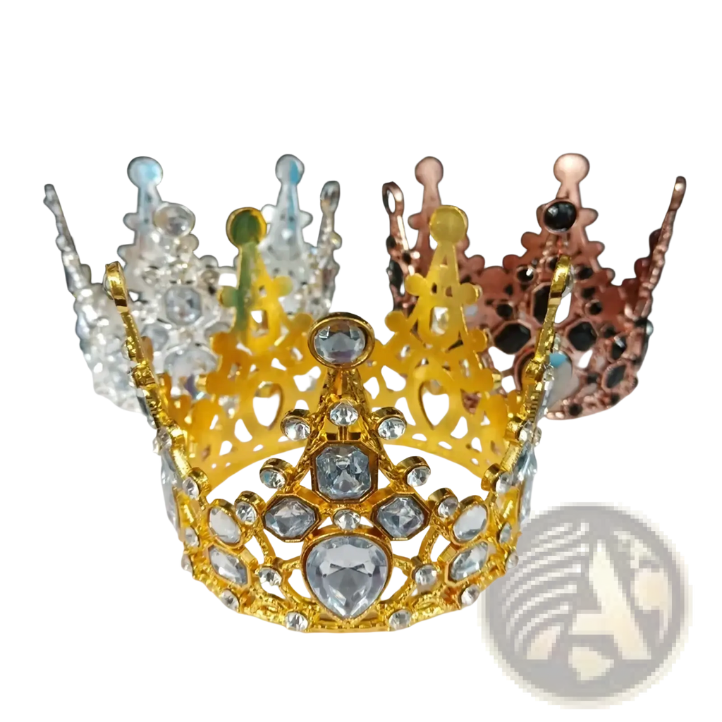 Golden mini crown cake topper and hair tiara adorned with clear and heart-shaped crystals