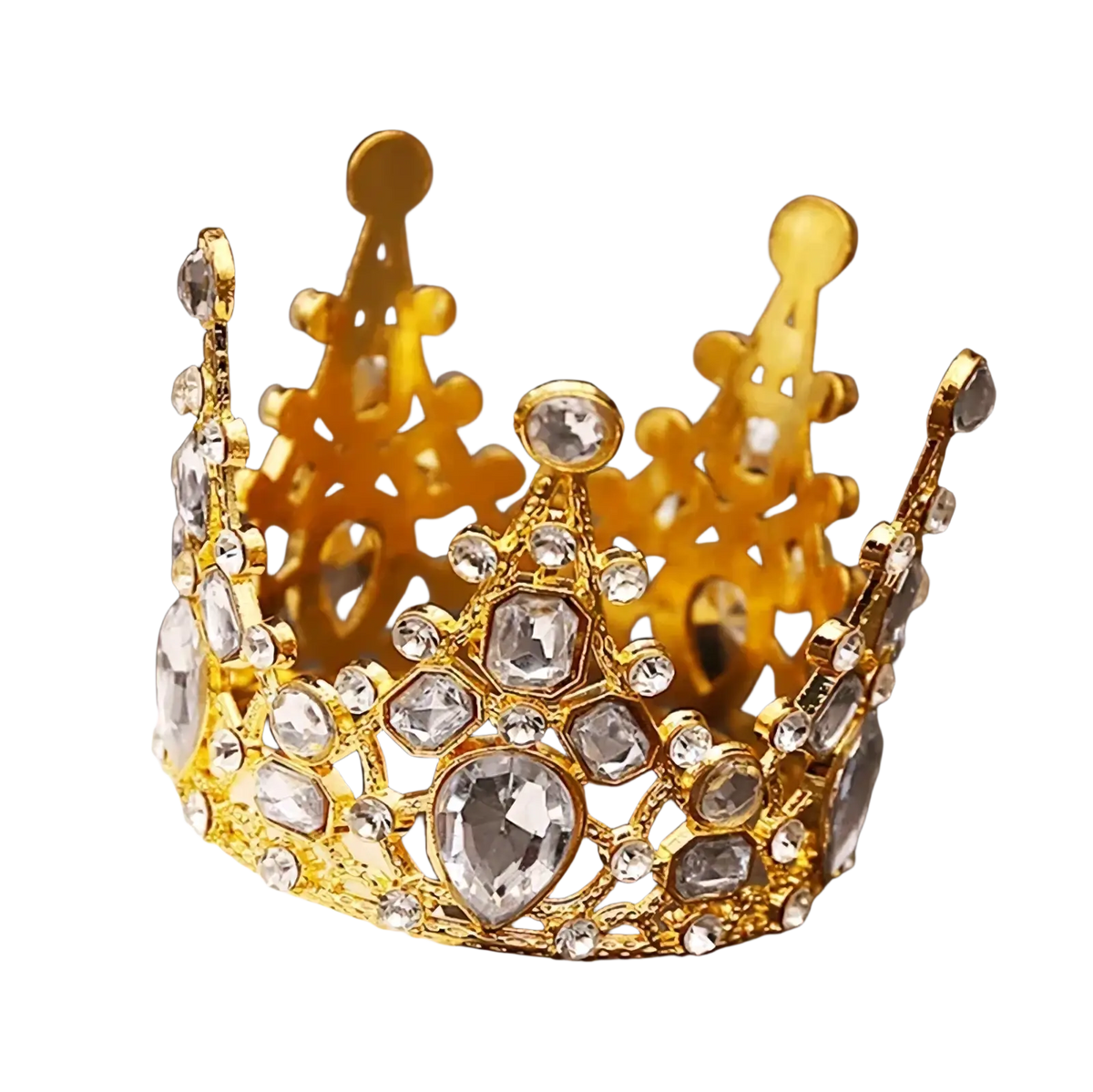 Mini crown cake topper and hair tiara in golden metal with intricate metalwork and clear faceted crystal adornments