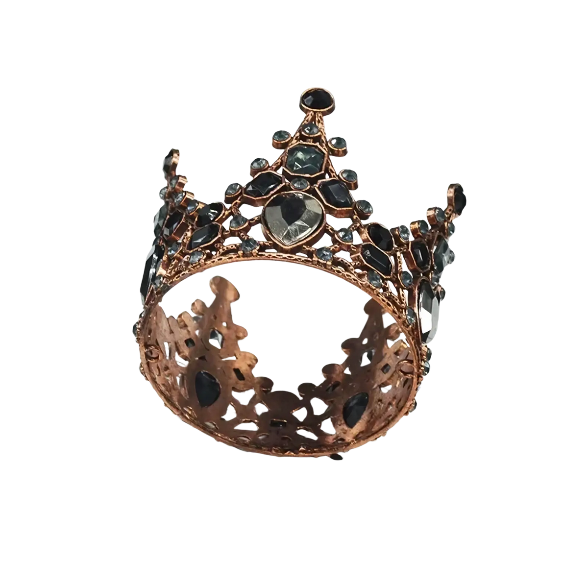 Mini crown cake topper and hair tiara in ornate rose gold with black and clear faceted gemstones