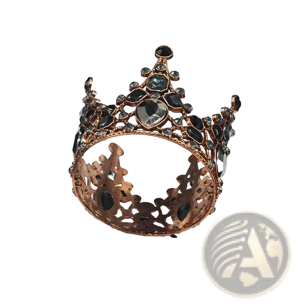 Mini crown cake topper and hair tiara in ornate rose gold with black and clear faceted gemstones