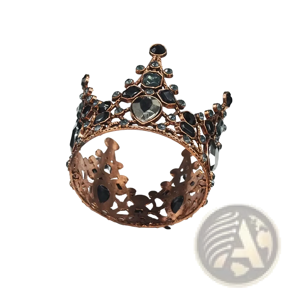 Mini crown cake topper and hair tiara in ornate rose gold with black and clear faceted gemstones