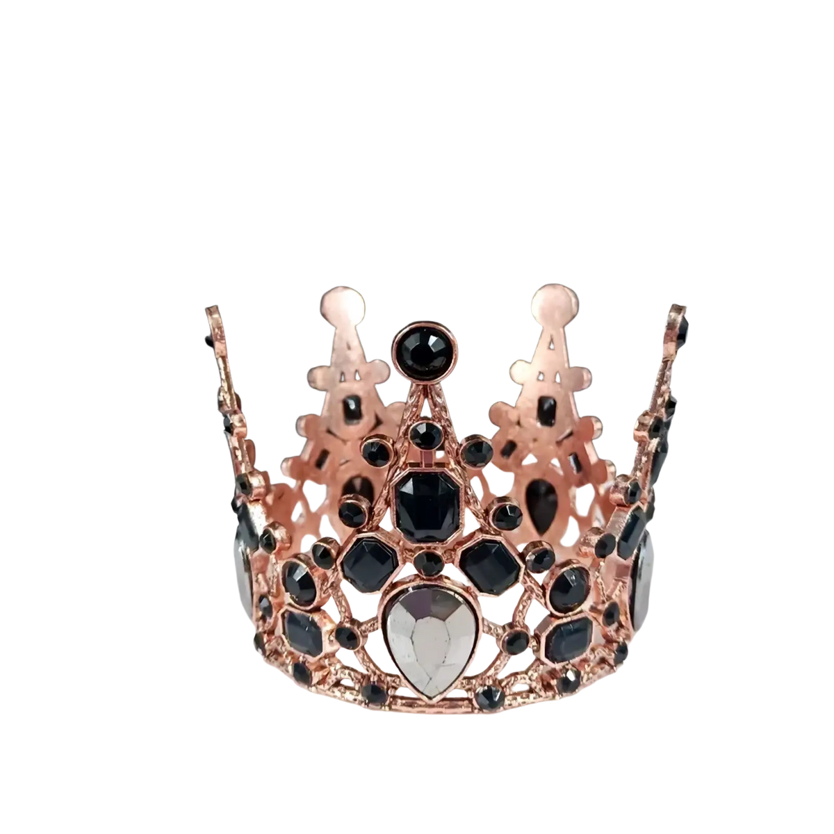 Mini crown cake topper and hair tiara in rose gold adorned with black and clear faceted gemstones