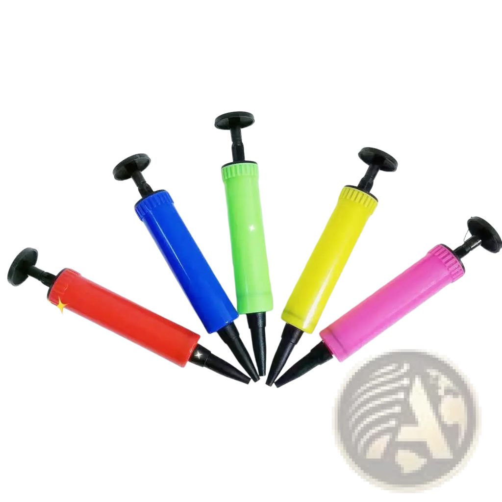 Mini doll swim ring set 1/12 beach accessory of a colorful plastic hand pump with black handle and nozzle in multiple colors