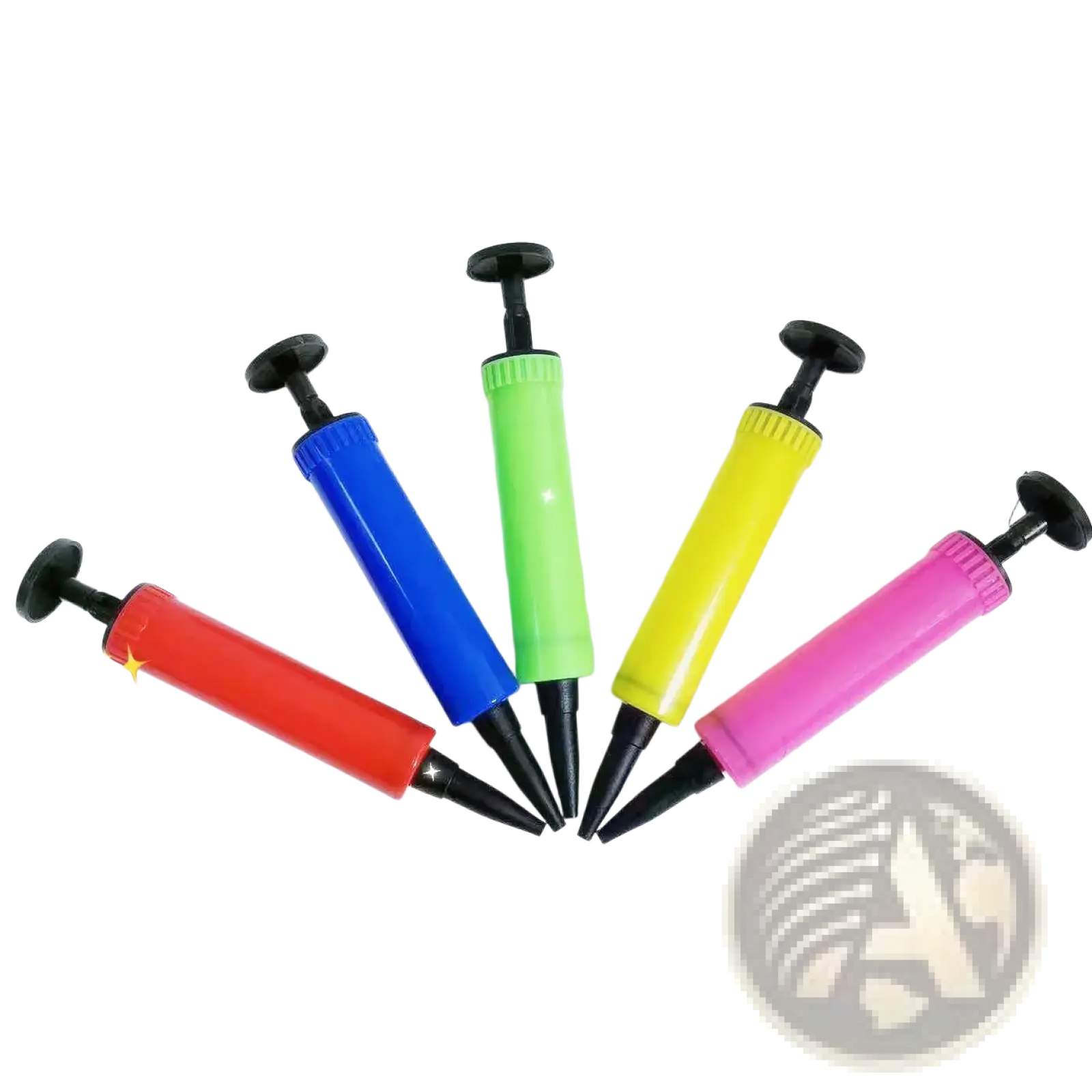 Mini doll swim ring set 1/12 beach accessory of a colorful plastic hand pump with black handle and nozzle in multiple colors