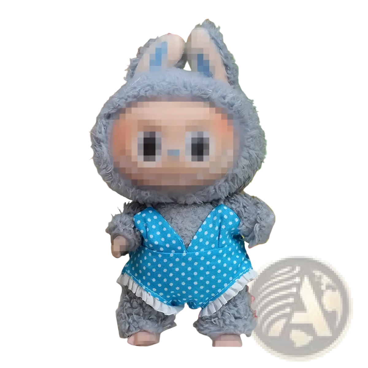 A plush gray bunny figurine wearing a blue polka-dot swimsuit with white ruffles from mini doll swim ring set