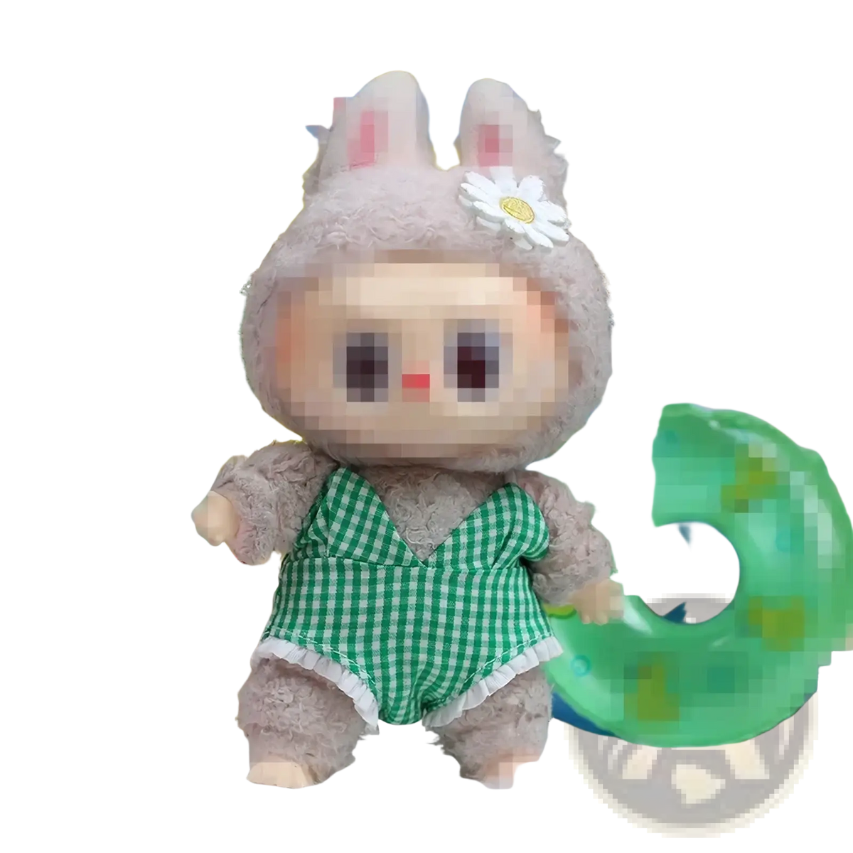 A plush light gray bunny figurine wearing a green and white checkered swimsuit in mini doll swim ring set beach accessories