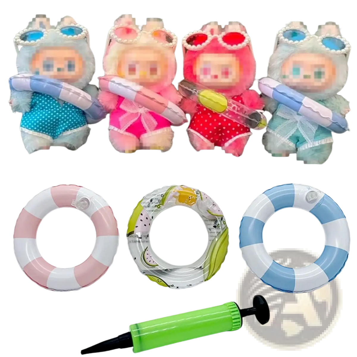 Mini doll swim ring set 1/12 beach accessories with pink and white striped inflatable life ring and clear plastic pump