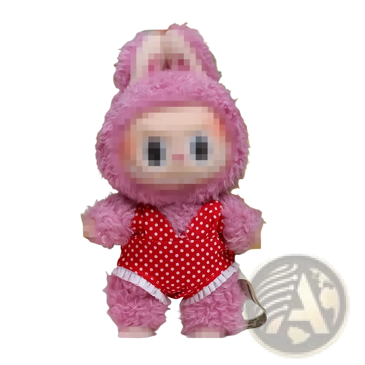 Mini doll swim ring set featuring a pink fluffy bunny plush toy in a red polka-dot swimsuit with white ruffled trim