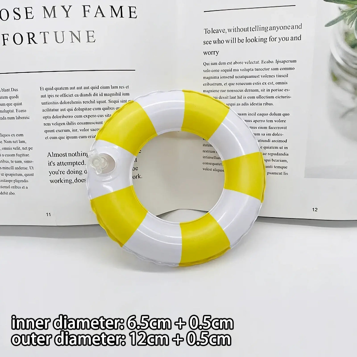 Mini doll swim ring set 1/12 beach accessory featuring a bright yellow and white inflatable life ring with clear valve
