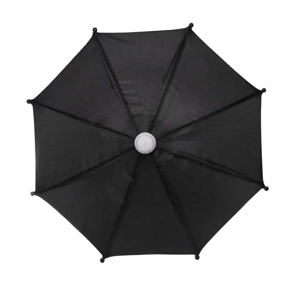 Mini doll umbrella Bjd accessory featuring black mesh canopy with white central hub and black spherical spoke tips