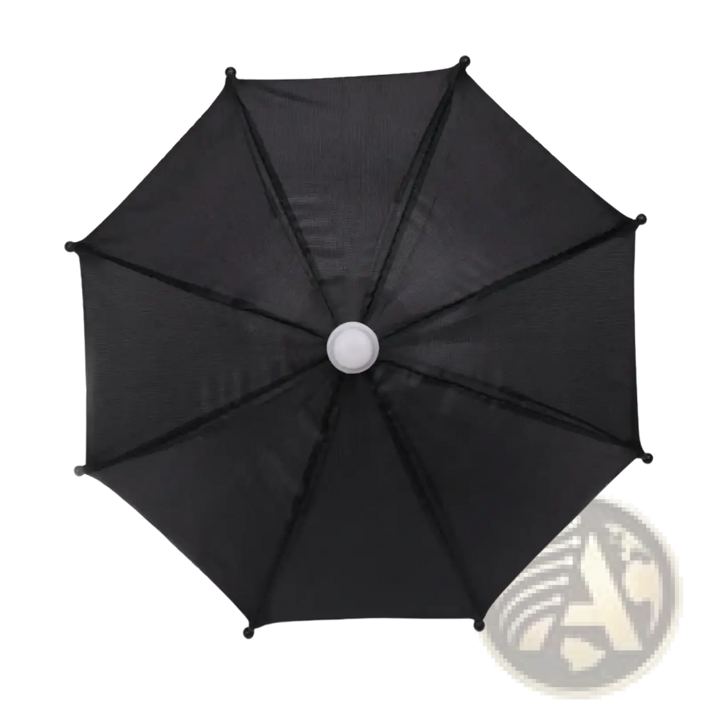 Mini doll umbrella Bjd accessory featuring black mesh canopy with white central hub and black spherical spoke tips