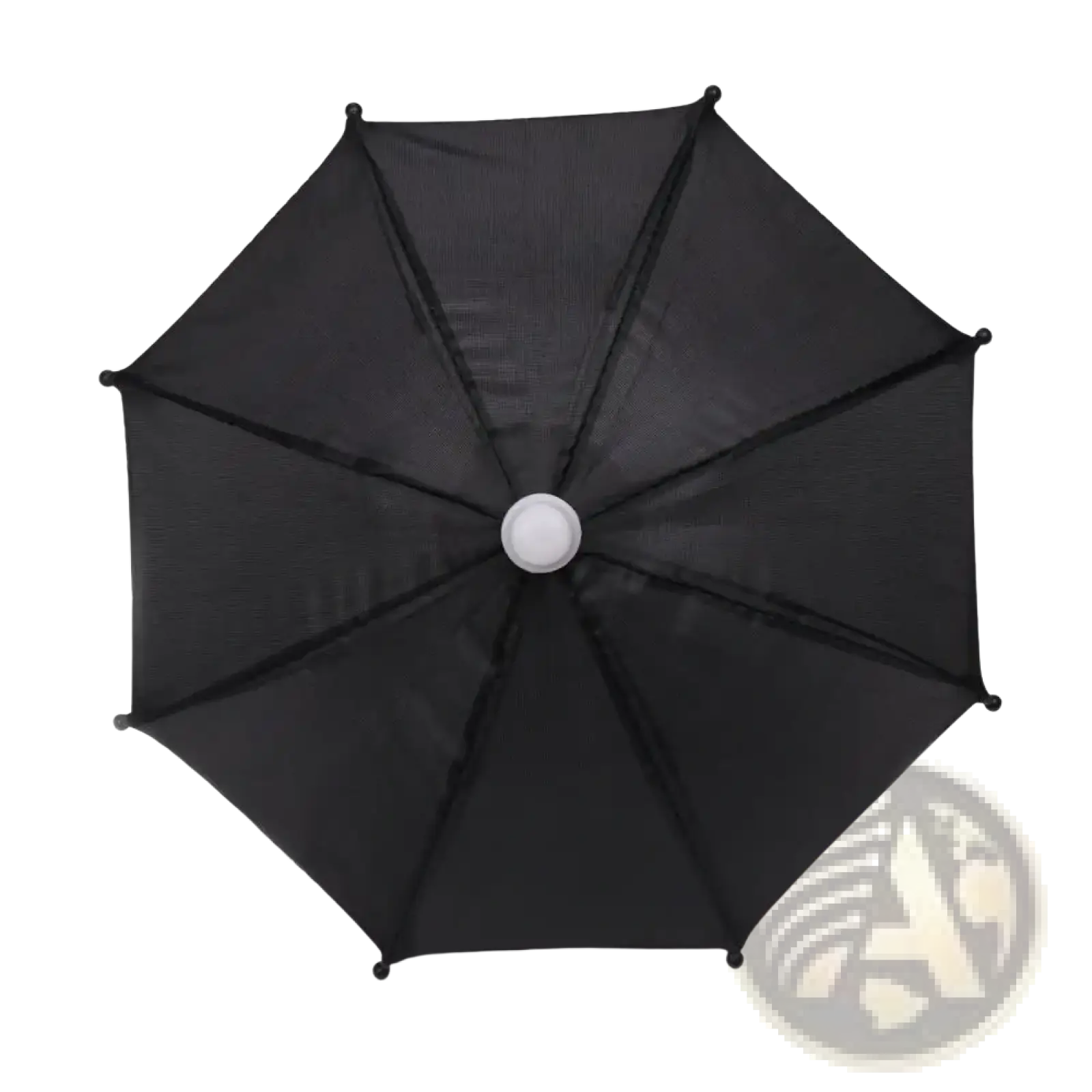 Mini doll umbrella Bjd accessory featuring black mesh canopy with white central hub and black spherical spoke tips