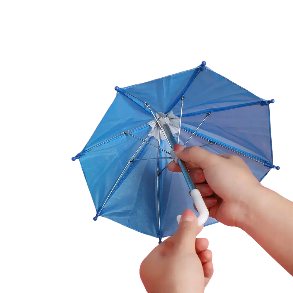 Mini doll umbrella bjd accessories bright blue compact umbrella with white plastic handle and metallic frame held open