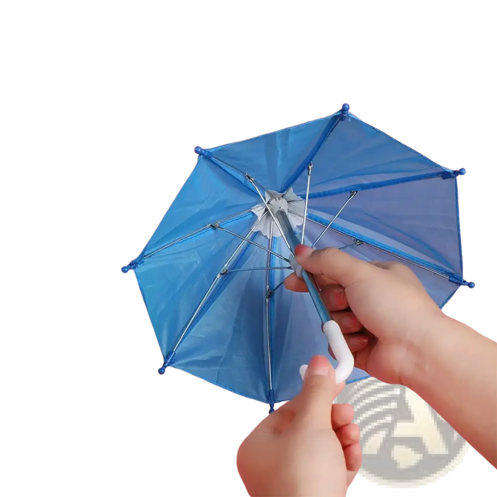 Mini doll umbrella bjd accessories bright blue compact umbrella with white plastic handle and metallic frame held open