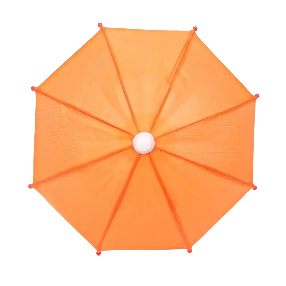 Mini doll umbrella bjd accessory featuring a bright orange miniature umbrella with white hub and red-tipped ribs