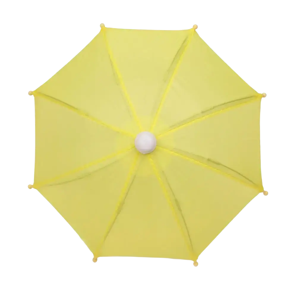 Mini doll umbrella BJD accessories featuring a bright yellow lightweight canopy with white knob and wooden tips