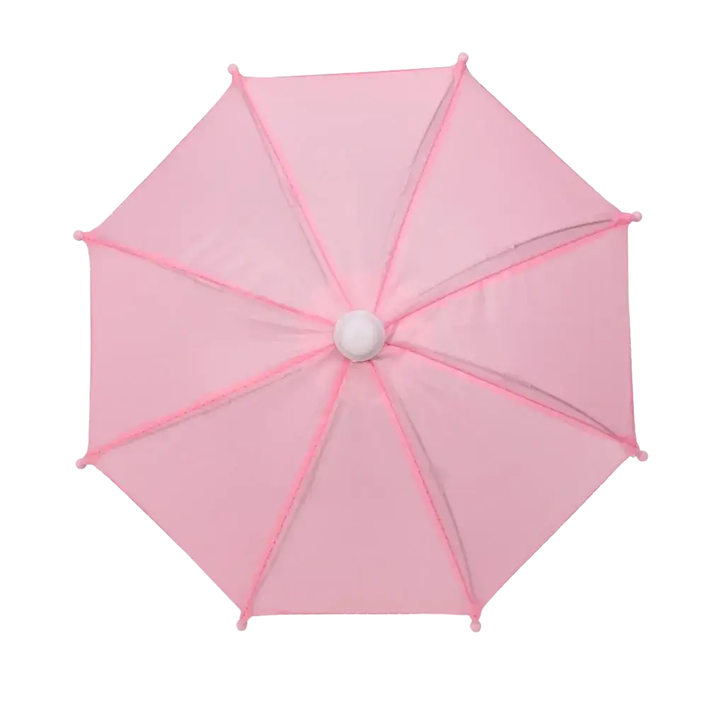 Mini doll umbrella bjd accessory featuring a delicate pink canopy with white central knob and pink trim edges