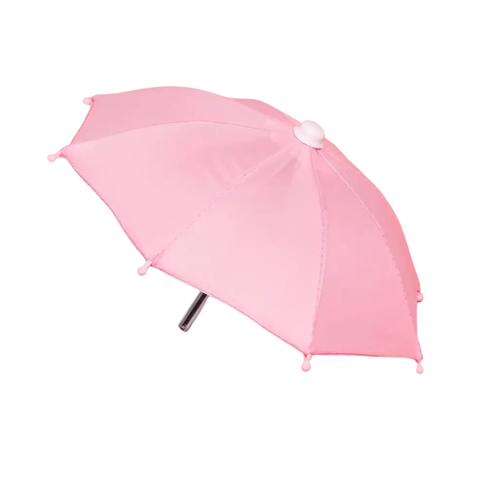 Mini doll umbrella bjd accessory featuring a delicate pink canopy with white handle and matching decorative tips