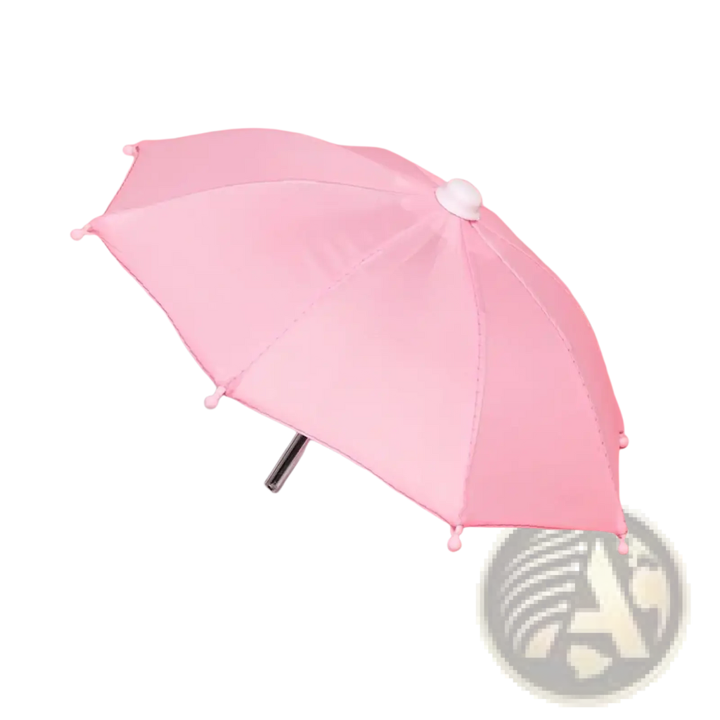 Mini doll umbrella bjd accessory featuring a delicate pink canopy with white handle and matching decorative tips