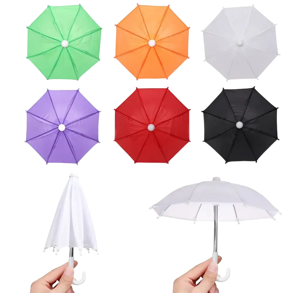Mini doll umbrella bjd accessories featuring vibrant green orange white purple red and black umbrellas with metallic handles