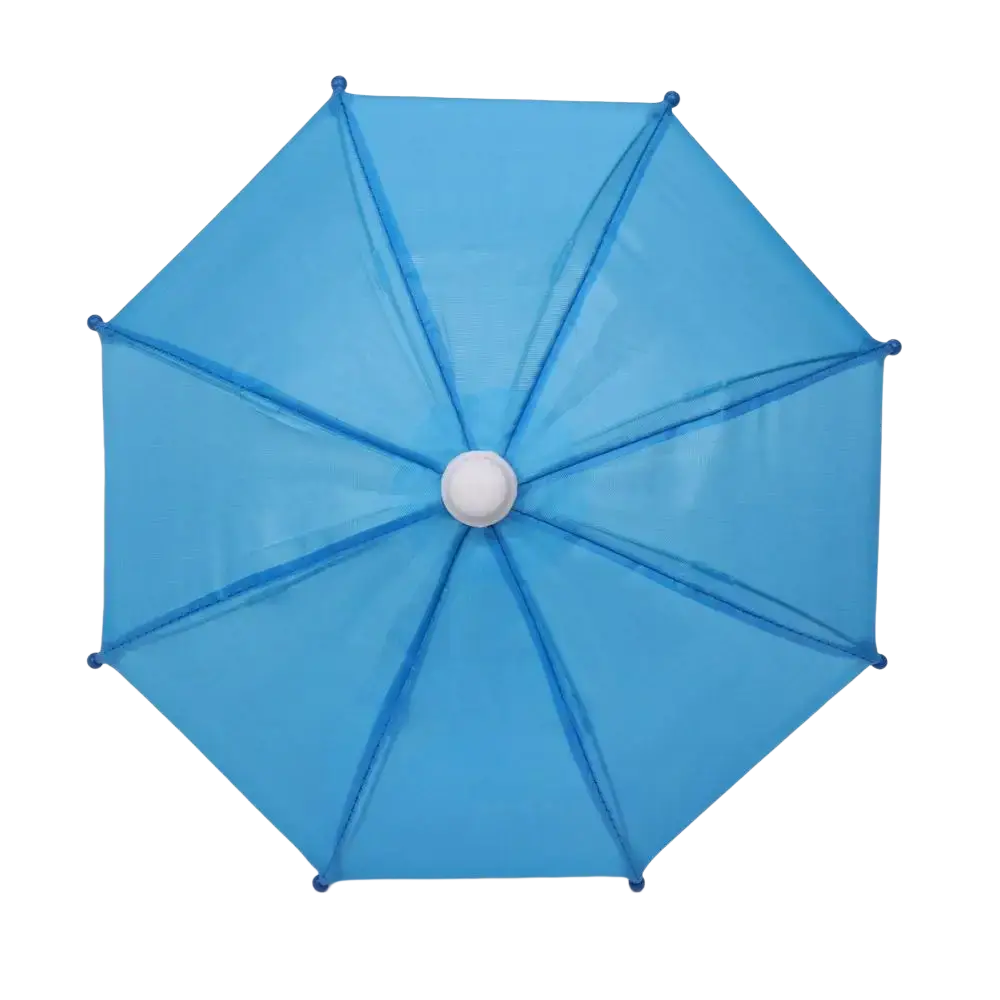 Mini doll umbrella bjd accessory with translucent blue canopy, white central hub, and dark blue rib tips