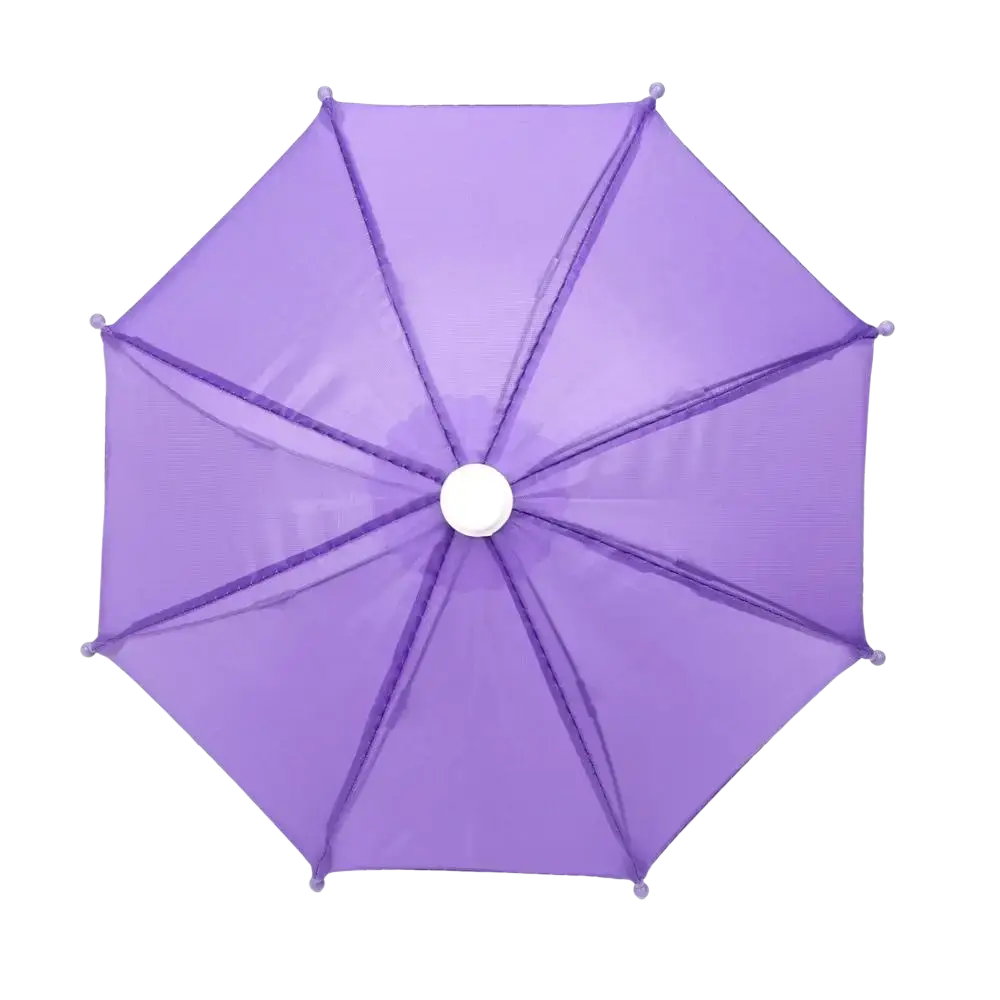 Mini doll umbrella bjd accessory featuring a translucent purple canopy with a white hub and gray spherical spoke tips