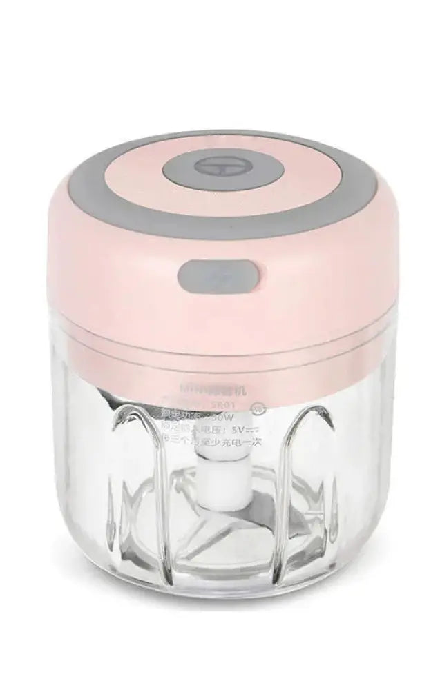 Pink and gray usb electric mini food chopper with a clear glass container for garlic mincing and food chopping