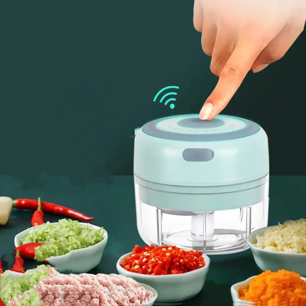 Light blue and gray usb electric mini food chopper with transparent bowl for garlic mincing and food preparation