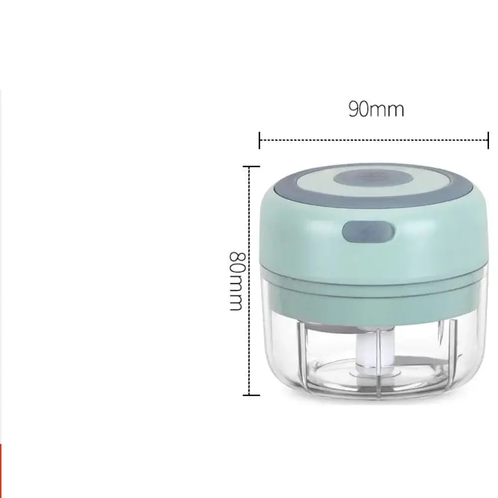 Usb electric mini food chopper in mint green with clear plastic body and gray top for garlic mincing
